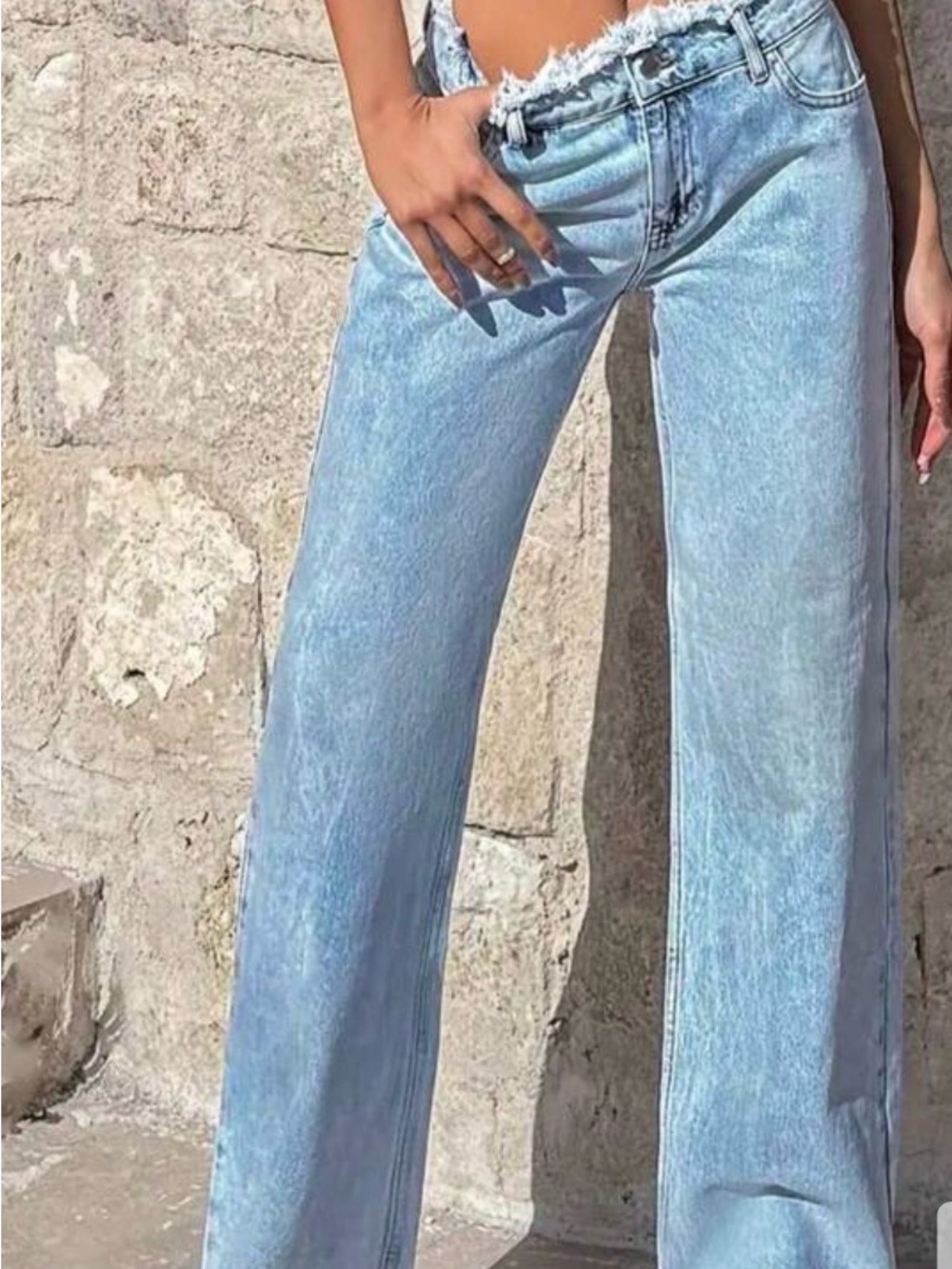SHEIN Frayed Waist Light Blue Wide-Leg Jeans